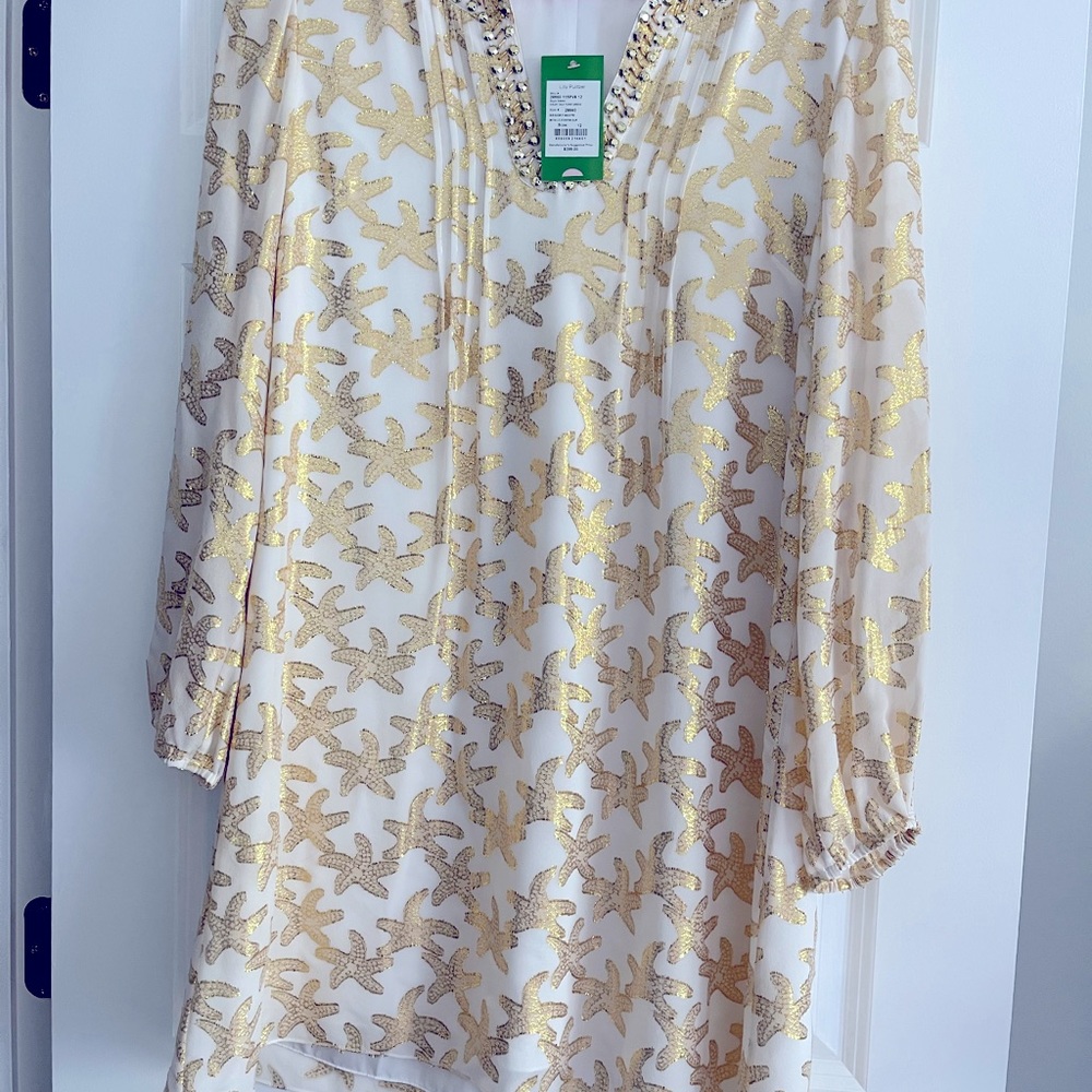 Size 12 NWT Colby Silk Tunic Dress - Resort White Metallic Gold Starfish. Rare.